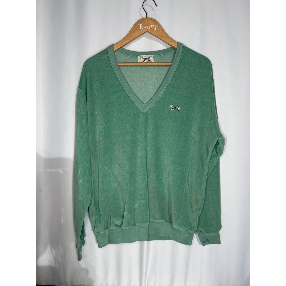 Vintage JCPenney The Fox Velour V-Neck Sweatshirt Green XL 80s Retro Pullover